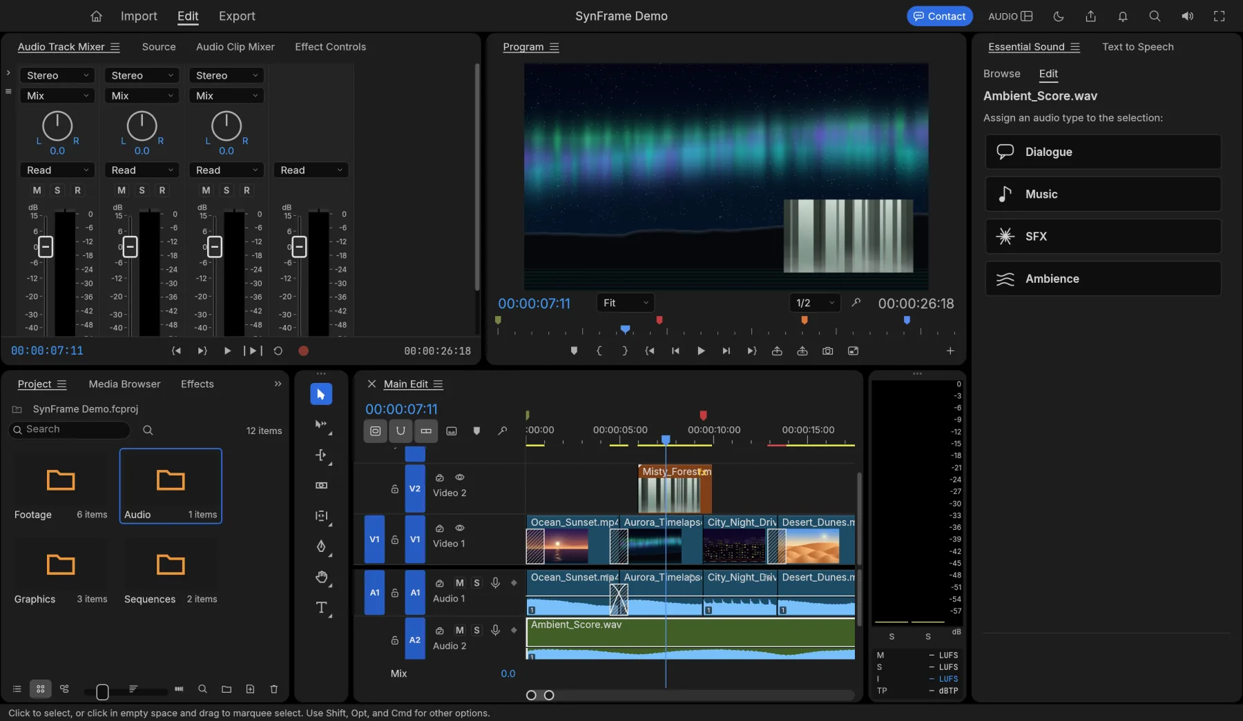 SynFrame's Audio workspace: a track mixer with faders and pan knobs, and sound types for dialogue, music, effects and ambience.