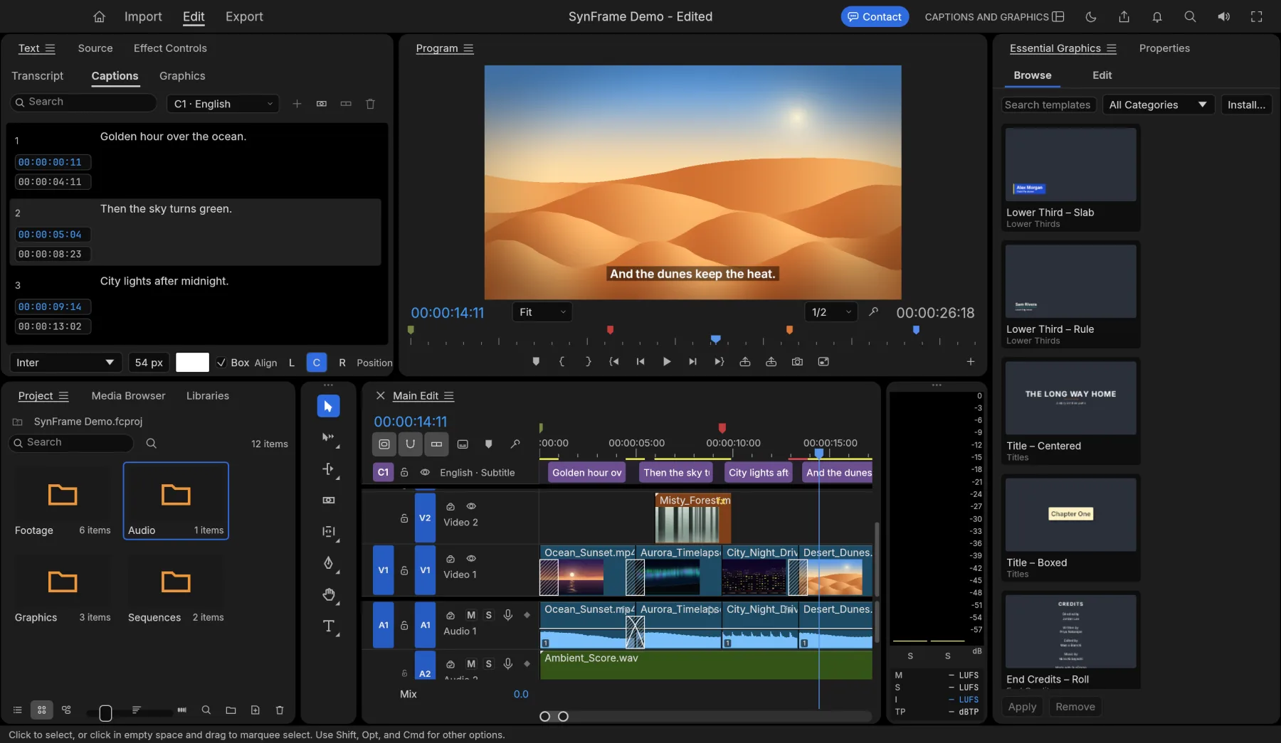 SynFrame's Captions workspace: a list of timed captions, a caption shown over the desert clip and title templates on the right.
