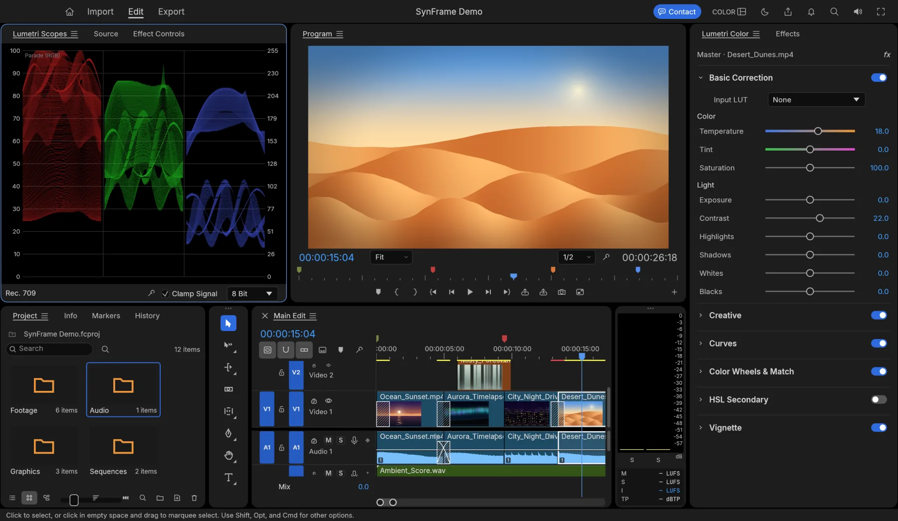 SynFrame's Colour workspace: RGB parade scopes on the left and colour-correction sliders on the right.