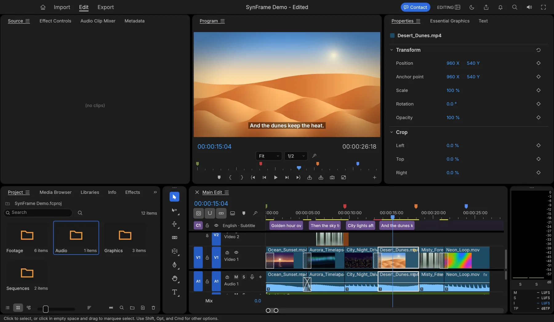 SynFrame's Edit workspace: a desert clip in the Program monitor, its properties on the right and a multi-track timeline below.