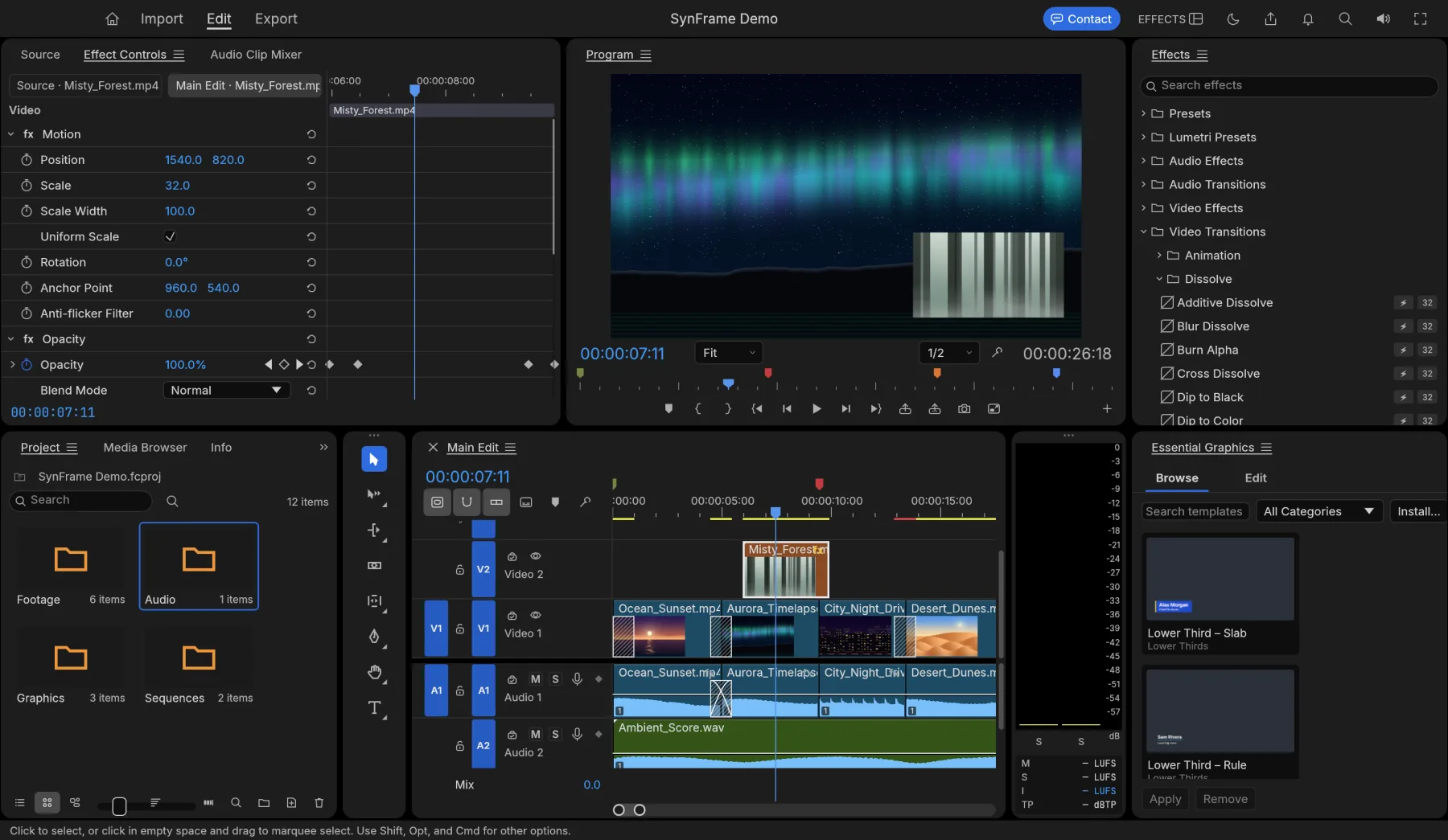 SynFrame's Effects workspace: keyframed motion and opacity controls, a picture-in-picture over an aurora clip, and the effects library.