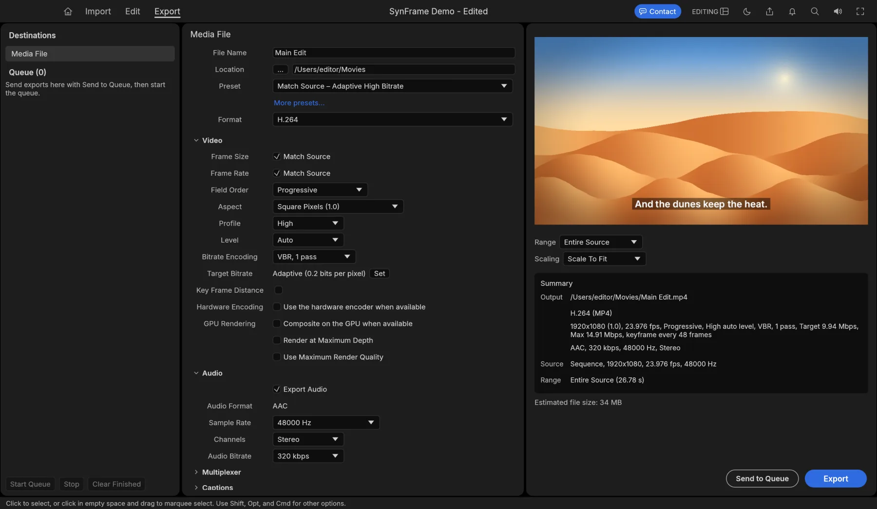 SynFrame's Export screen: H.264 settings, an estimated file size and a preview of the finished video.